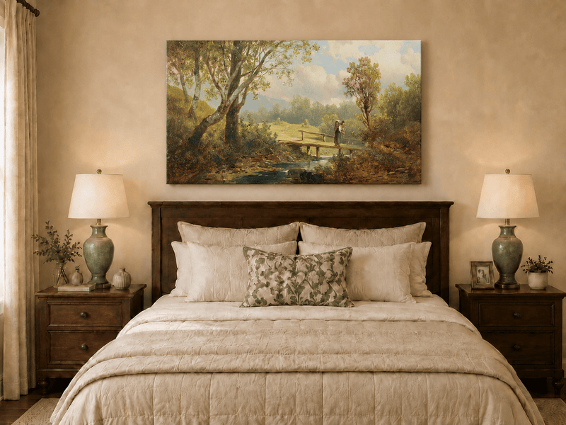 Landscape Oil Painting - Sunlit Creek Bridge in Summer Meadow