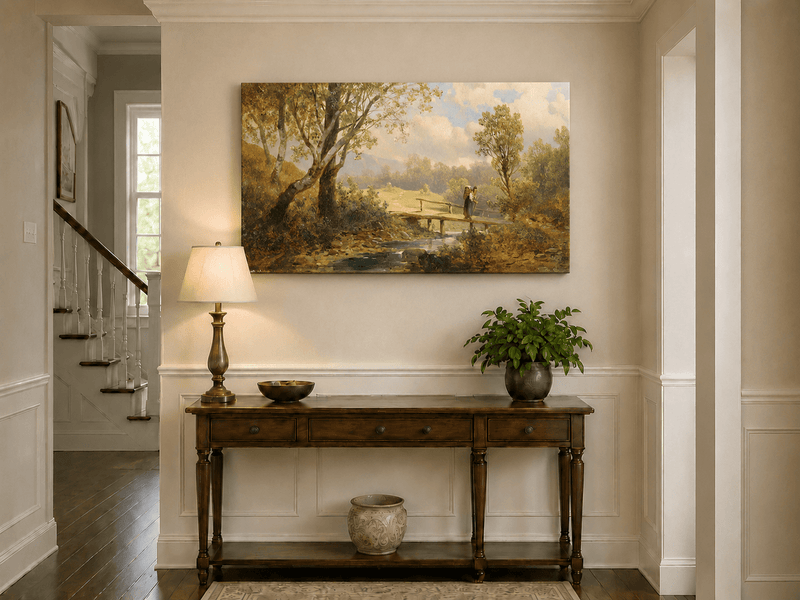 Landscape Oil Painting - Sunlit Creek Bridge in Summer Meadow