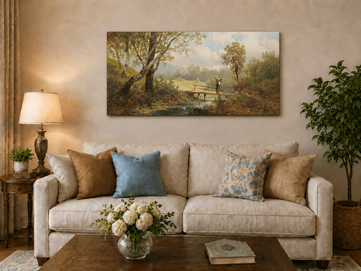 Landscape Oil Painting - Sunlit Creek Bridge in Summer Meadow