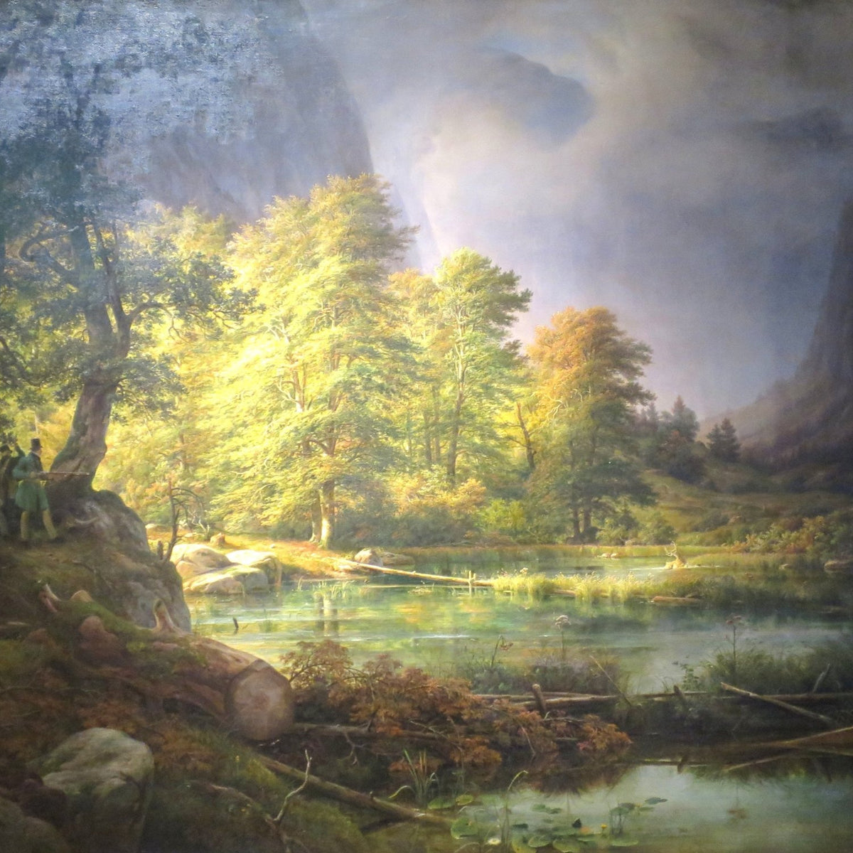 Hand-painted sunlit forest lake with hunter and mist landscape oil painting on canvas