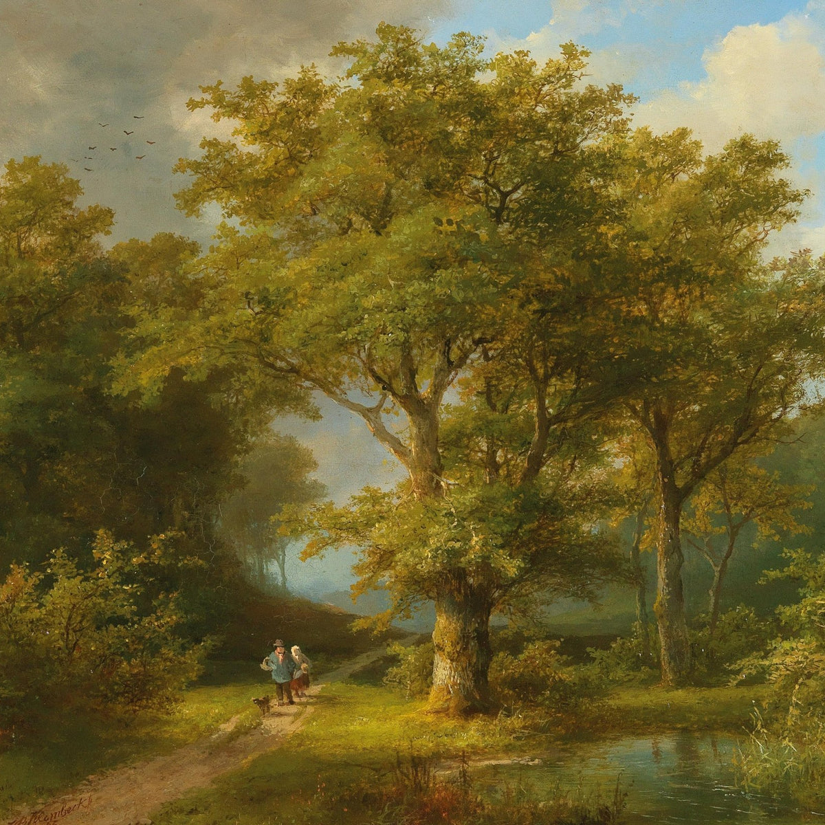 Hand-painted sunlit forest path by quiet pond landscape oil painting on canvas