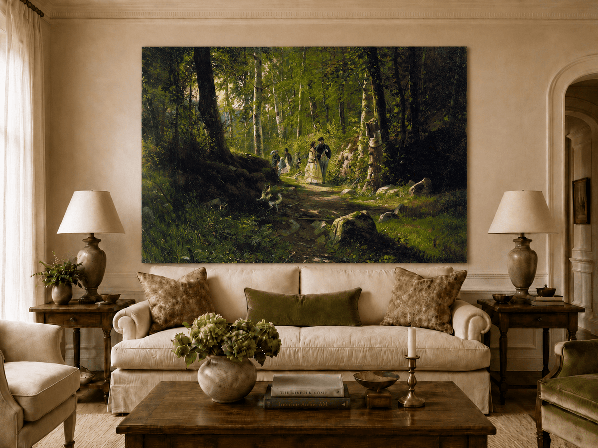 Peinture à l'huile de paysage - Scène rurale avec moulin à eau, personnages et bétail