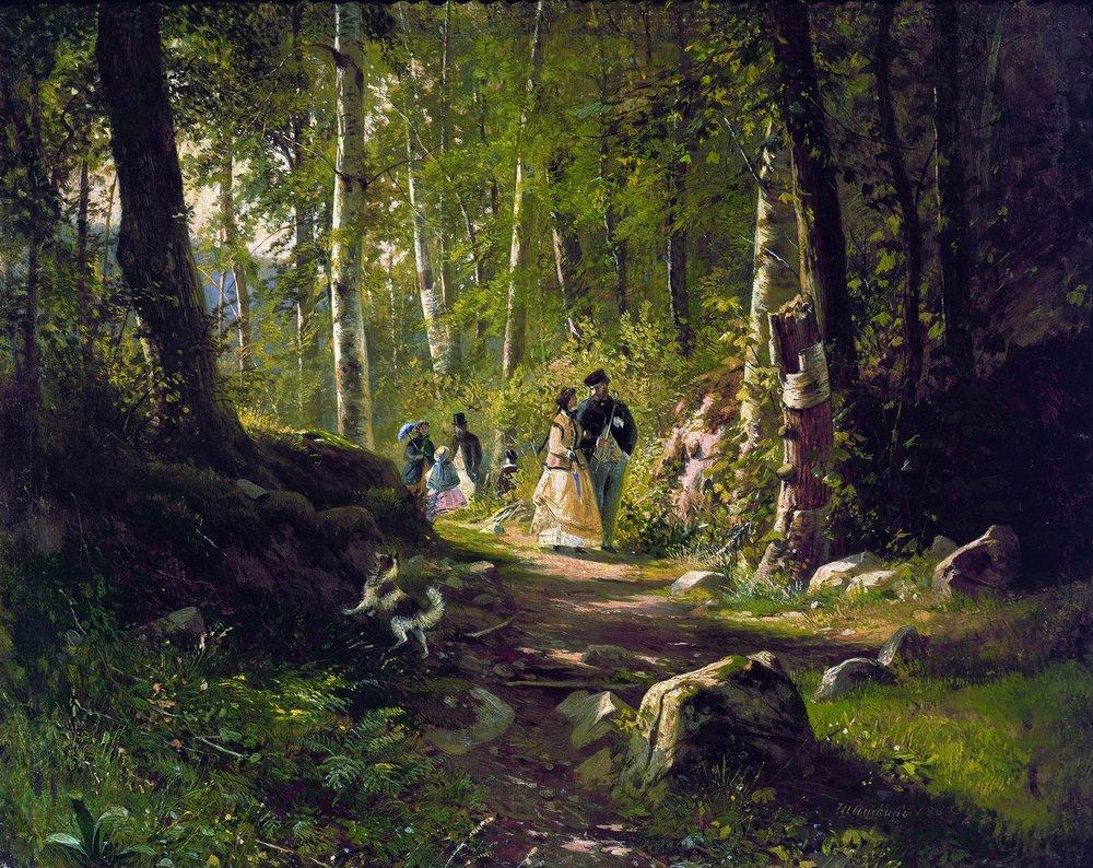 Landscape Oil Painting - Sunlit Forest Path with Elegant Figures - Oil Painting Haven