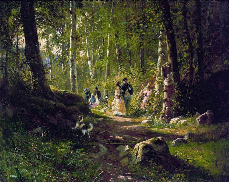 Landscape Oil Painting - Sunlit Forest Path with Elegant Figures - Oil Painting Haven