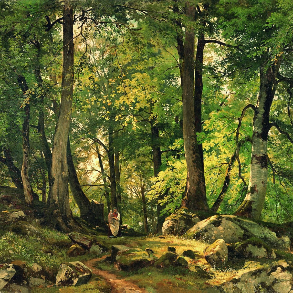 Landscape Oil Painting - Sunlit Forest Path with Figure - Oil Painting Haven