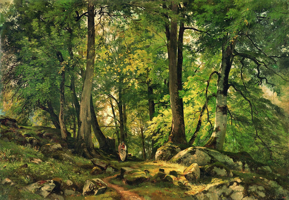 Landscape Oil Painting - Sunlit Forest Path with Figure - Oil Painting Haven