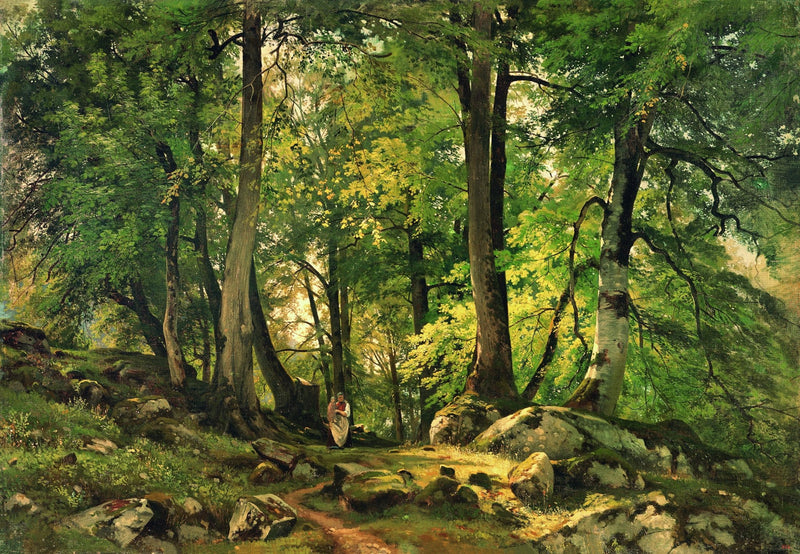 Landscape Oil Painting - Sunlit Forest Path with Figure - Oil Painting Haven