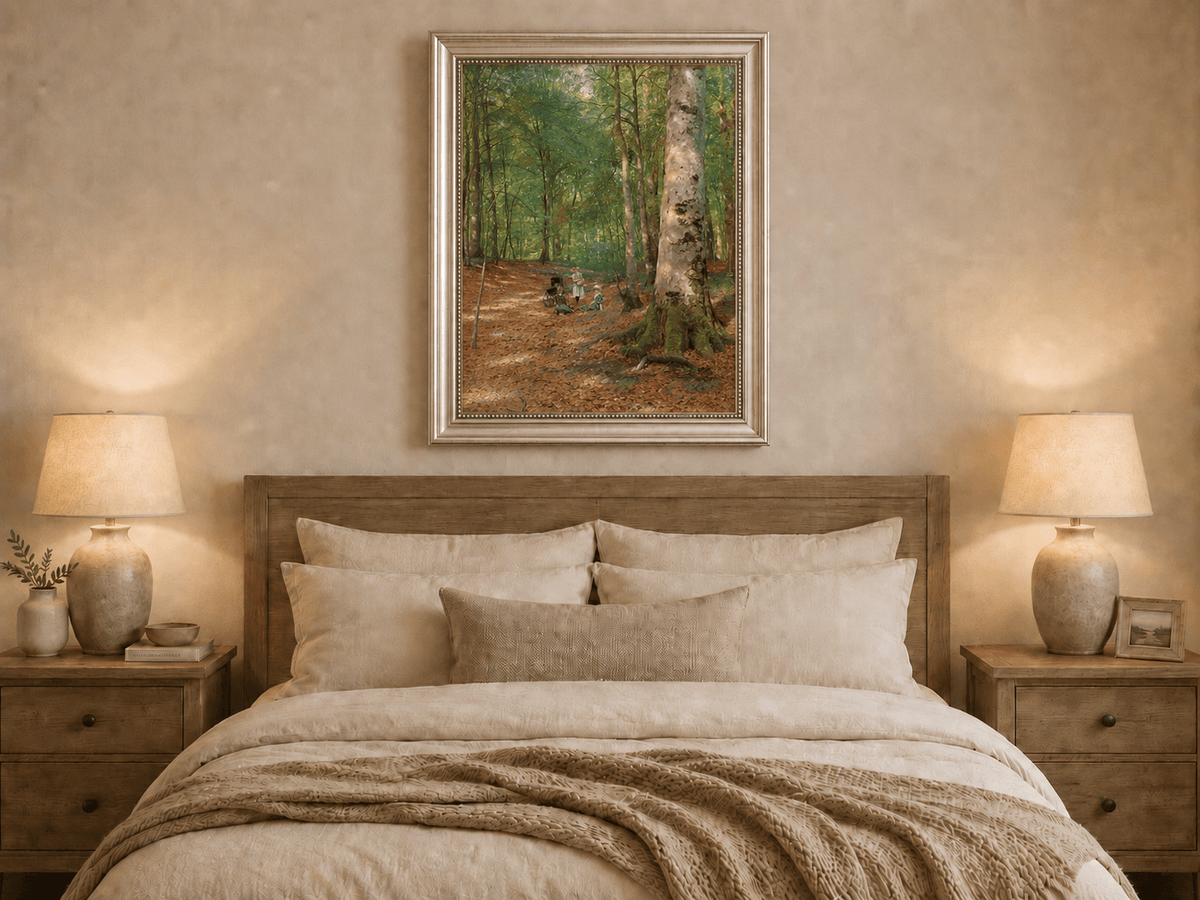 Landscape Oil Painting - Sunlit Forest Path with Figures