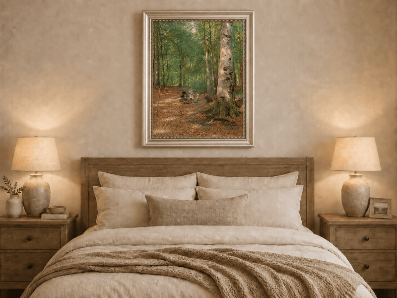Landscape Oil Painting - Sunlit Forest Path with Figures