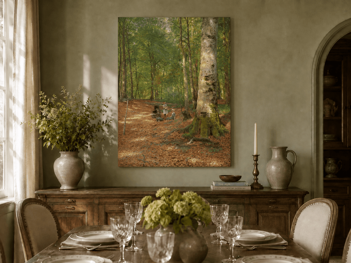 Landscape Oil Painting - Sunlit Forest Path with Figures