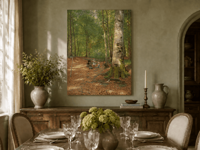 Landscape Oil Painting - Sunlit Forest Path with Figures