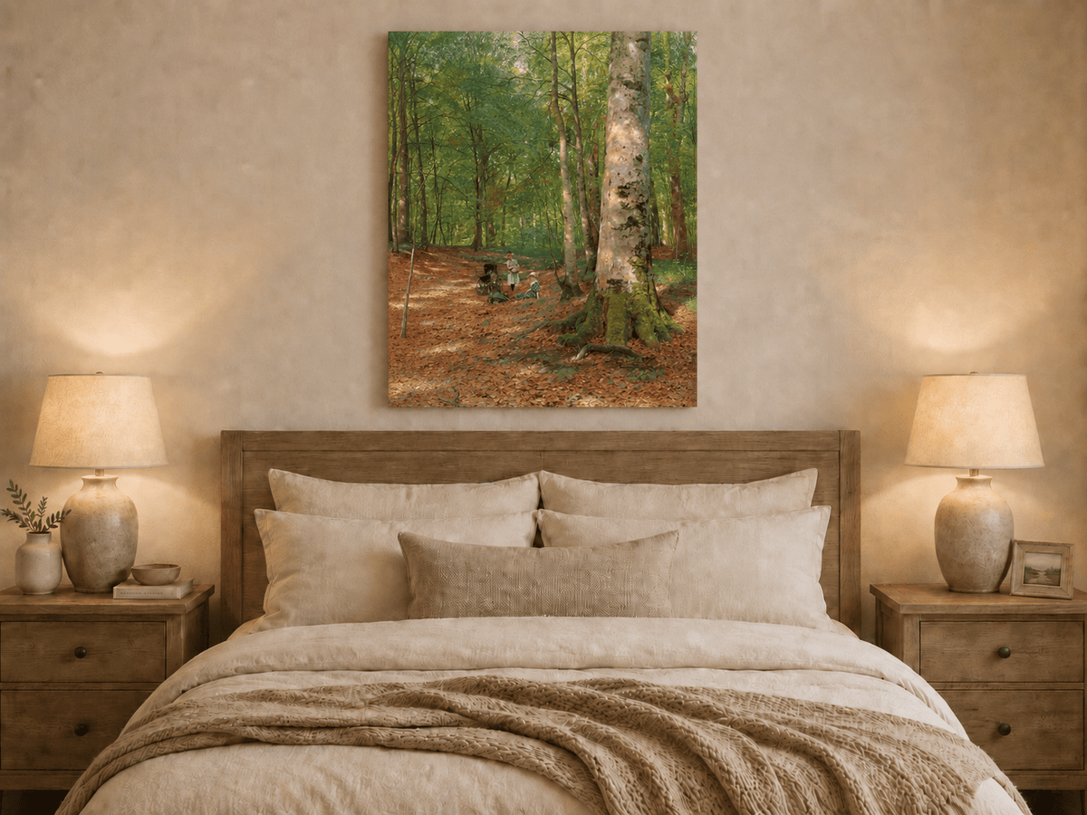 Landscape Oil Painting - Sunlit Forest Path with Figures