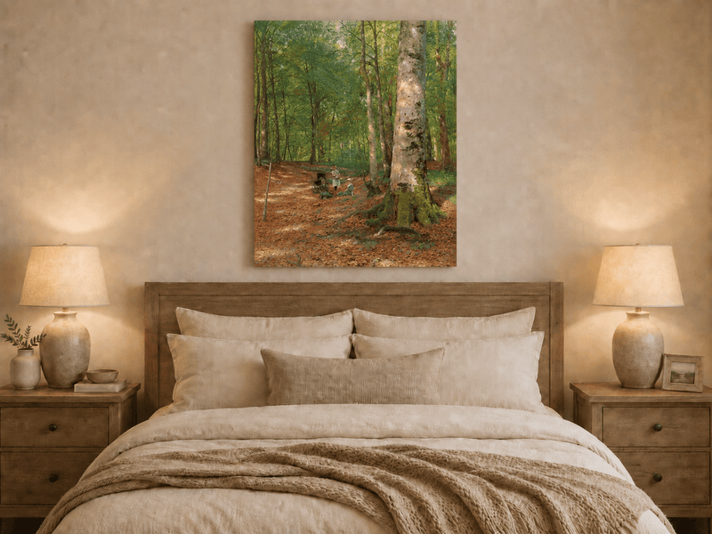 Landscape Oil Painting - Sunlit Forest Path with Figures