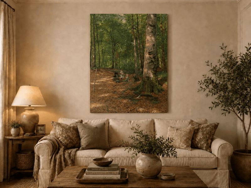 Landscape Oil Painting - Sunlit Forest Path with Figures