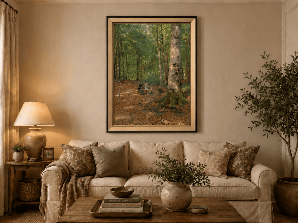 Landscape Oil Painting - Sunlit Forest Path with Figures