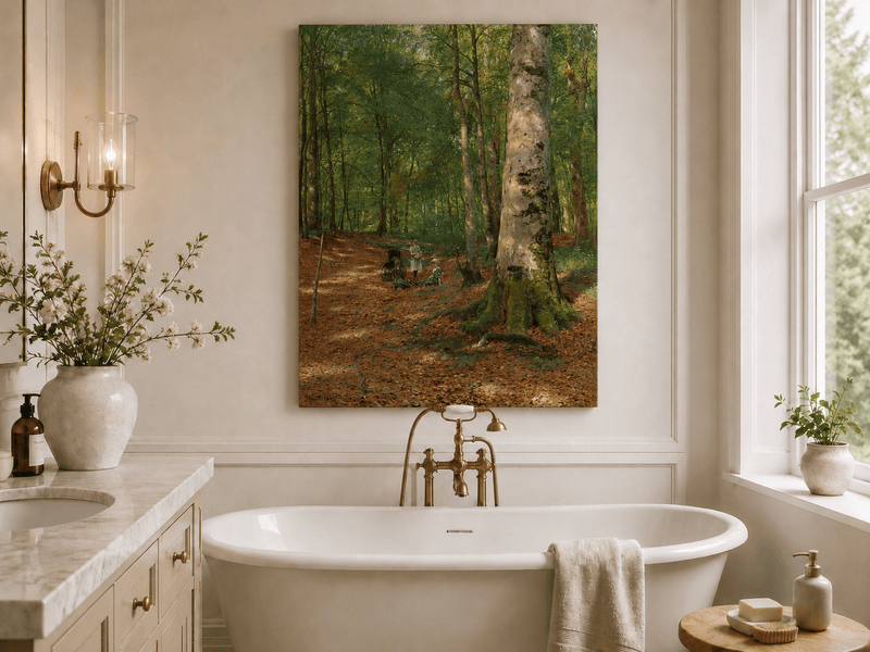 Landscape Oil Painting - Sunlit Forest Path with Figures