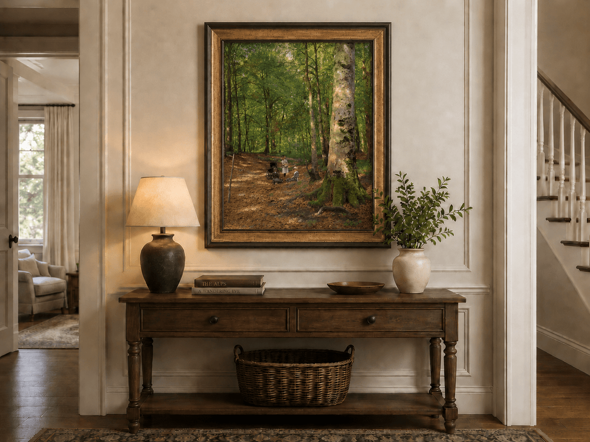 Landscape Oil Painting - Sunlit Forest Path with Figures