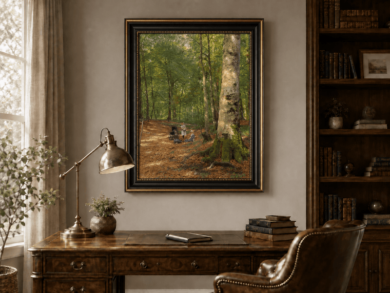 Landscape Oil Painting - Sunlit Forest Path with Figures