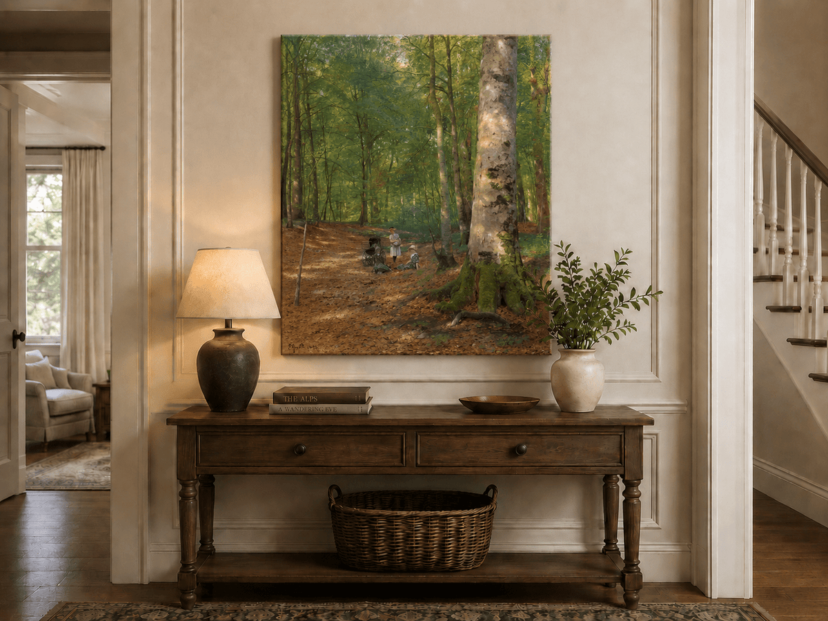 Landscape Oil Painting - Sunlit Forest Path with Figures