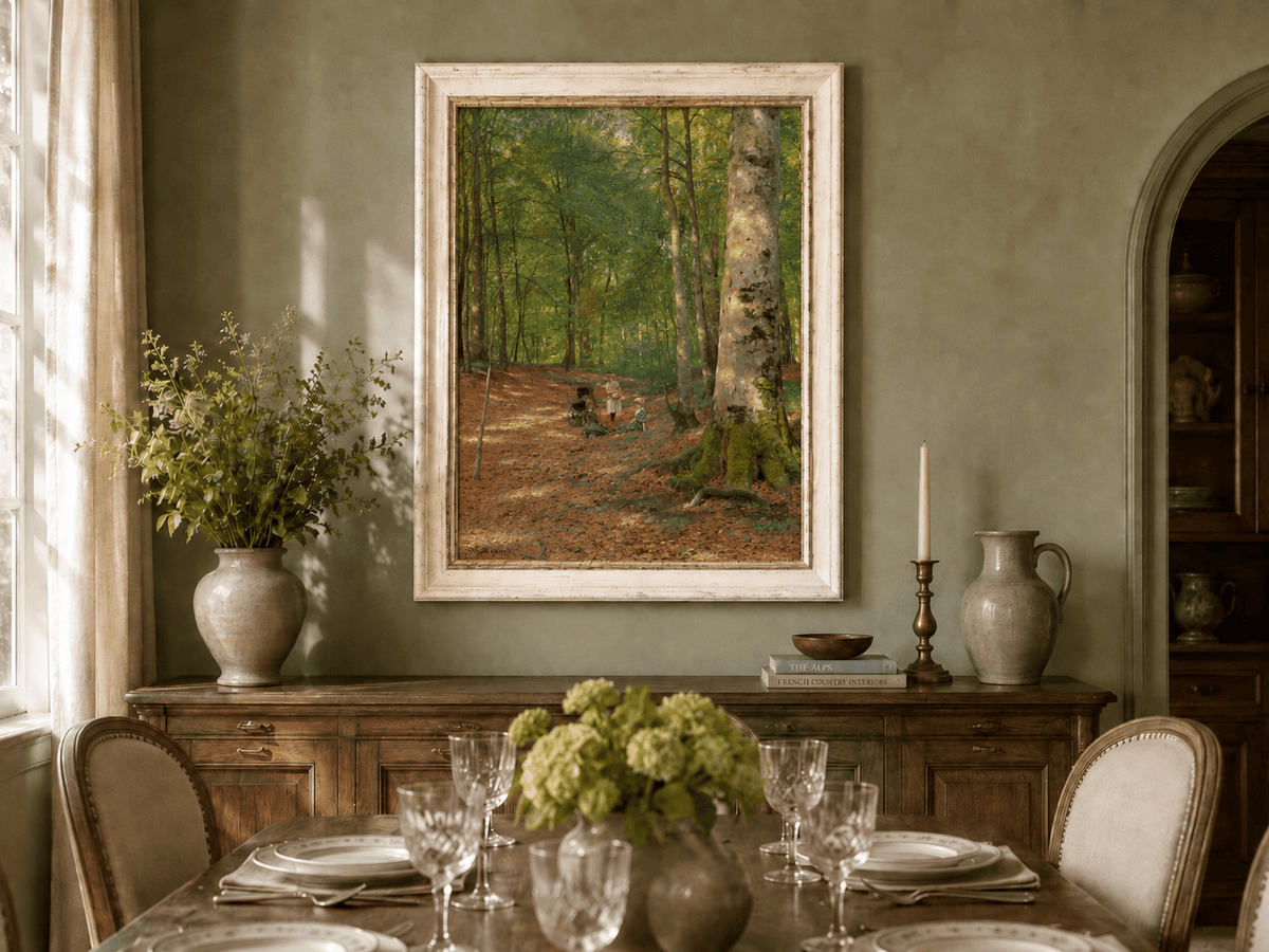 Landscape Oil Painting - Sunlit Forest Path with Figures