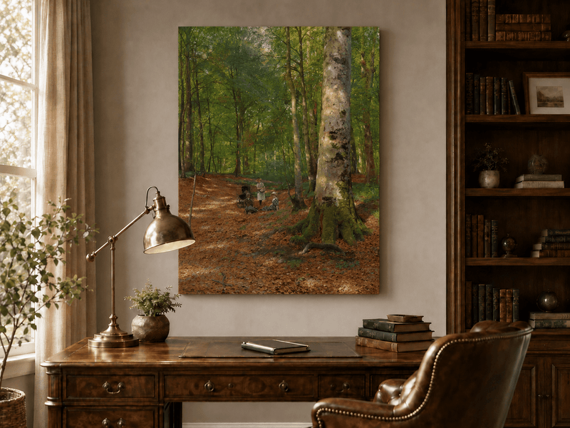 Landscape Oil Painting - Sunlit Forest Path with Figures