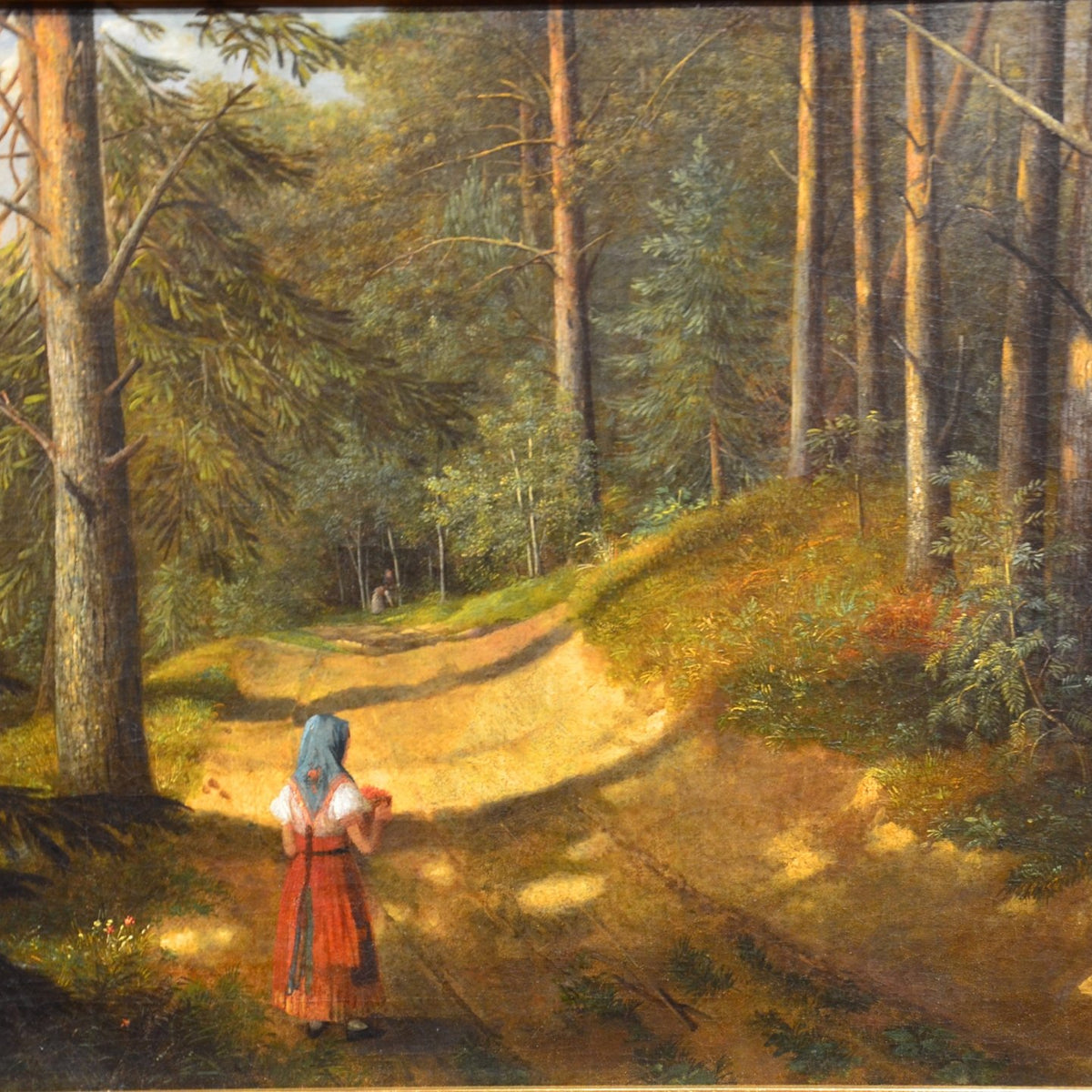 Landscape Oil Painting - Sunlit Forest Path with Young Girl - Oil Painting Haven