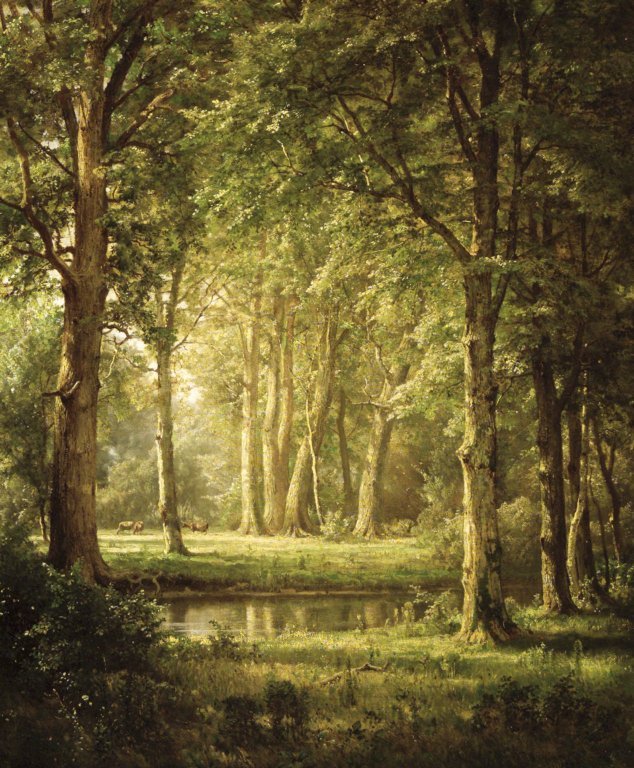 Hand-painted sunlit forest pond and tall trees scene landscape oil painting on canvas
