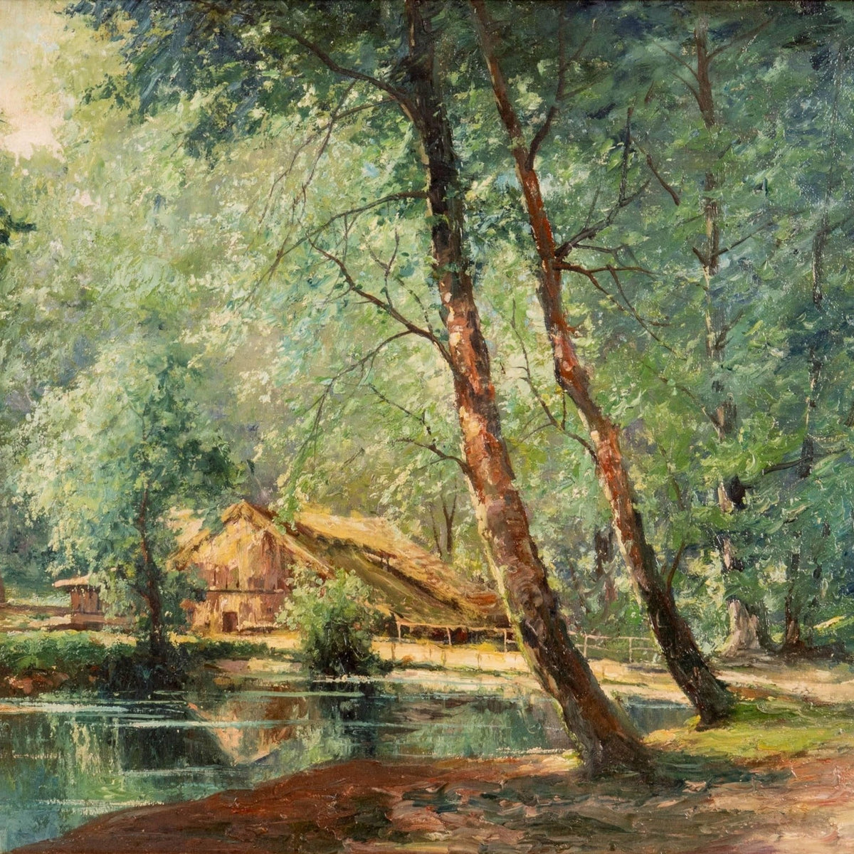 Hand-painted sunlit forest pond with rustic cottage landscape oil painting on canvas