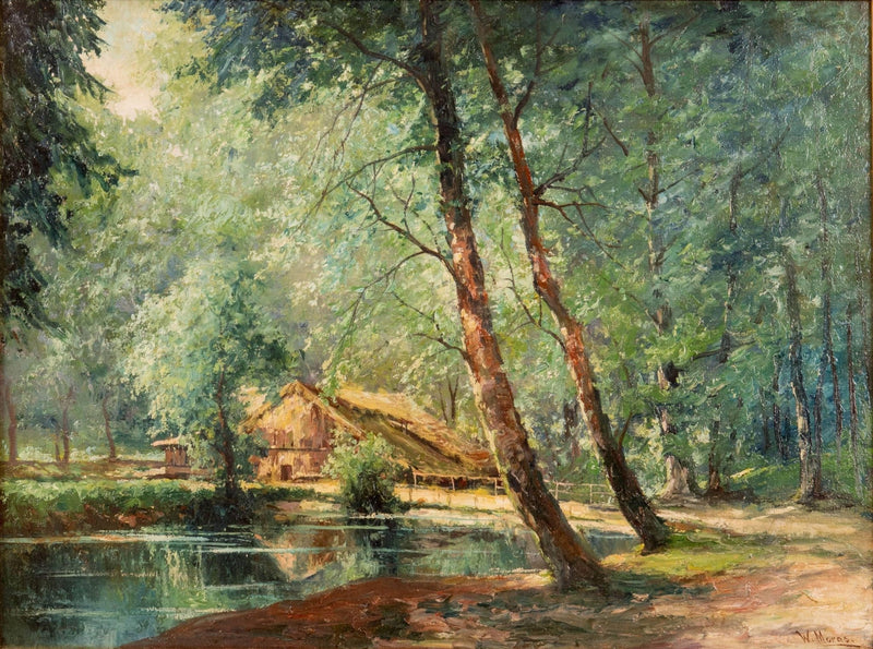 Hand-painted sunlit forest pond with rustic cottage landscape oil painting on canvas