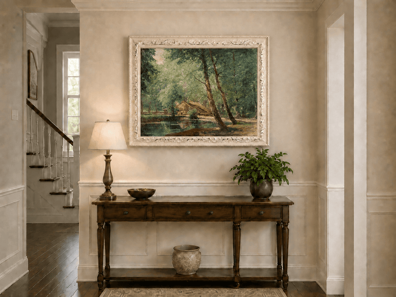 Landscape Oil Painting - Sunlit Forest Pond with Rustic Cottage