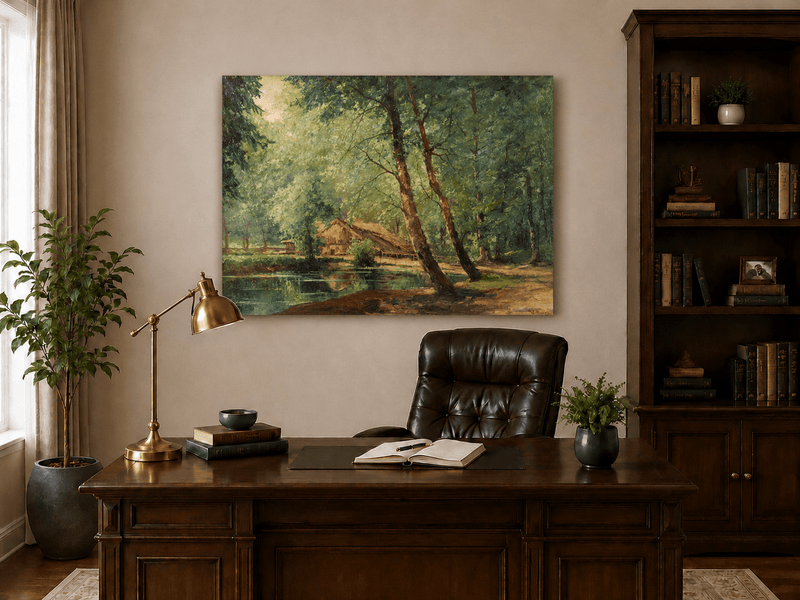 Landscape Oil Painting - Sunlit Forest Pond with Rustic Cottage