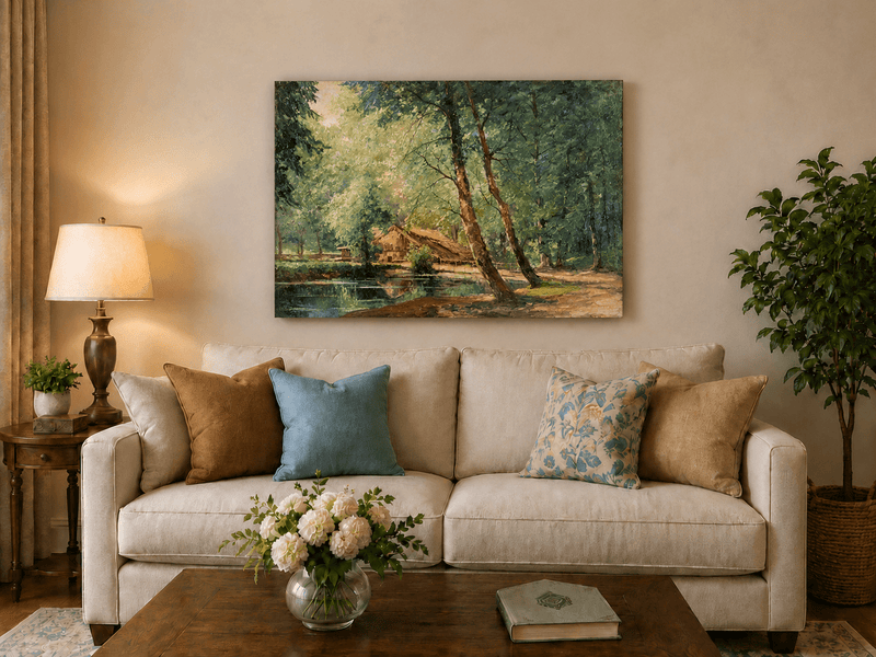 Landscape Oil Painting - Sunlit Forest Pond with Rustic Cottage