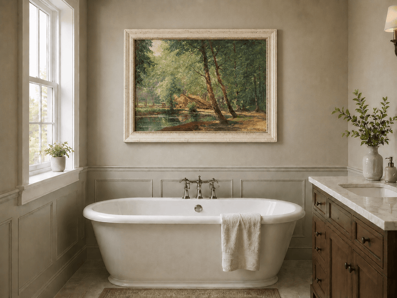 Landscape Oil Painting - Sunlit Forest Pond with Rustic Cottage