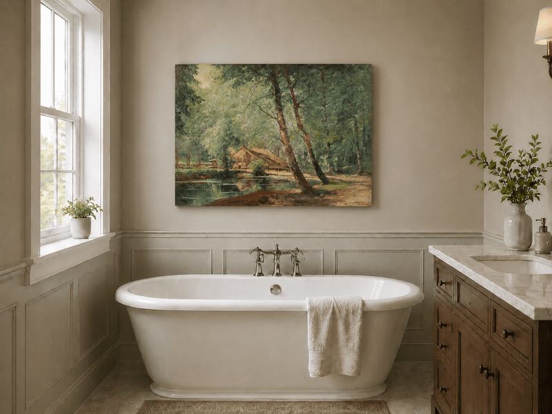 Landscape Oil Painting - Sunlit Forest Pond with Rustic Cottage