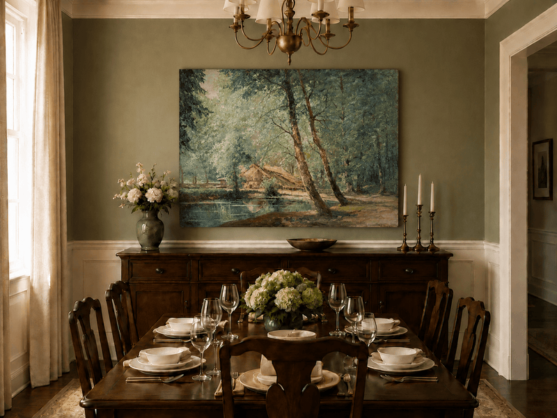 Landscape Oil Painting - Sunlit Forest Pond with Rustic Cottage