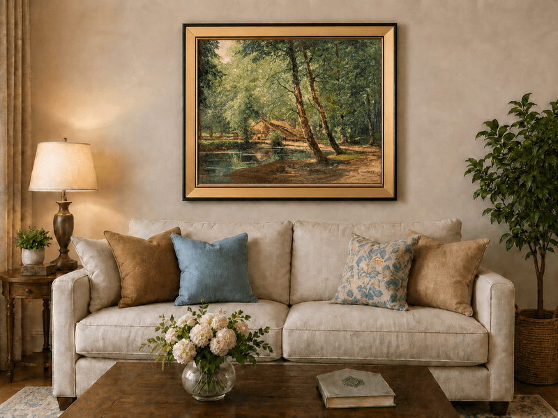 Landscape Oil Painting - Sunlit Forest Pond with Rustic Cottage