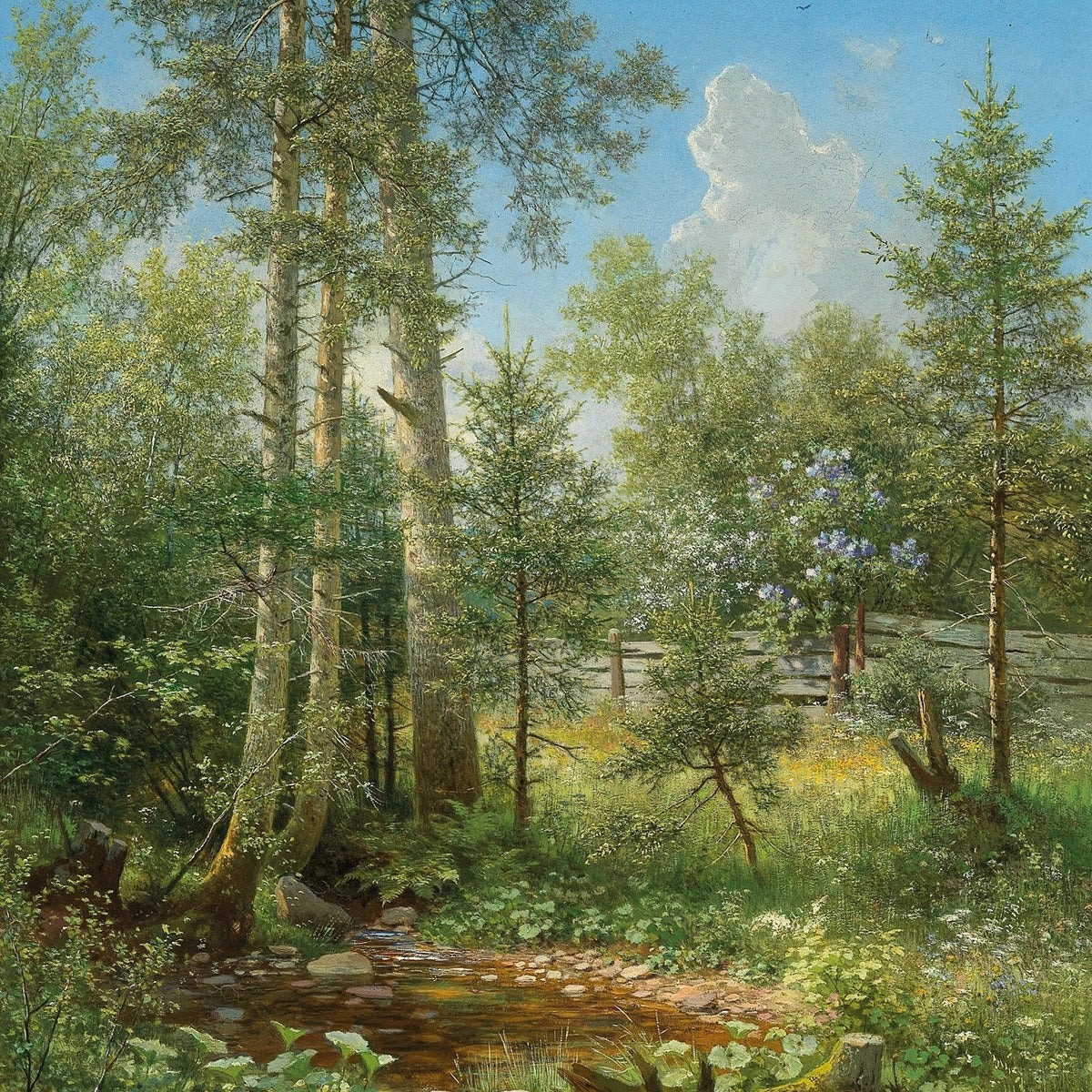 Hand-painted sunlit forest stream and wildflower glade landscape oil painting on canvas