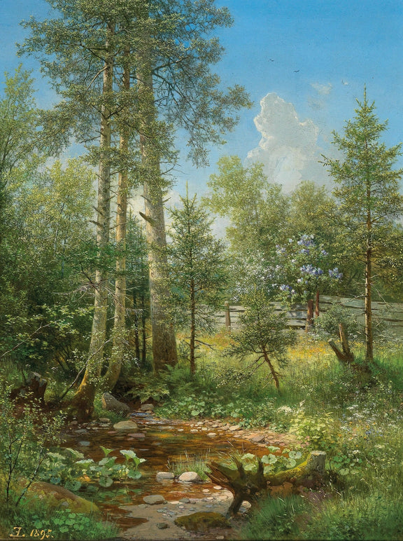 Hand-painted sunlit forest stream and wildflower glade landscape oil painting on canvas
