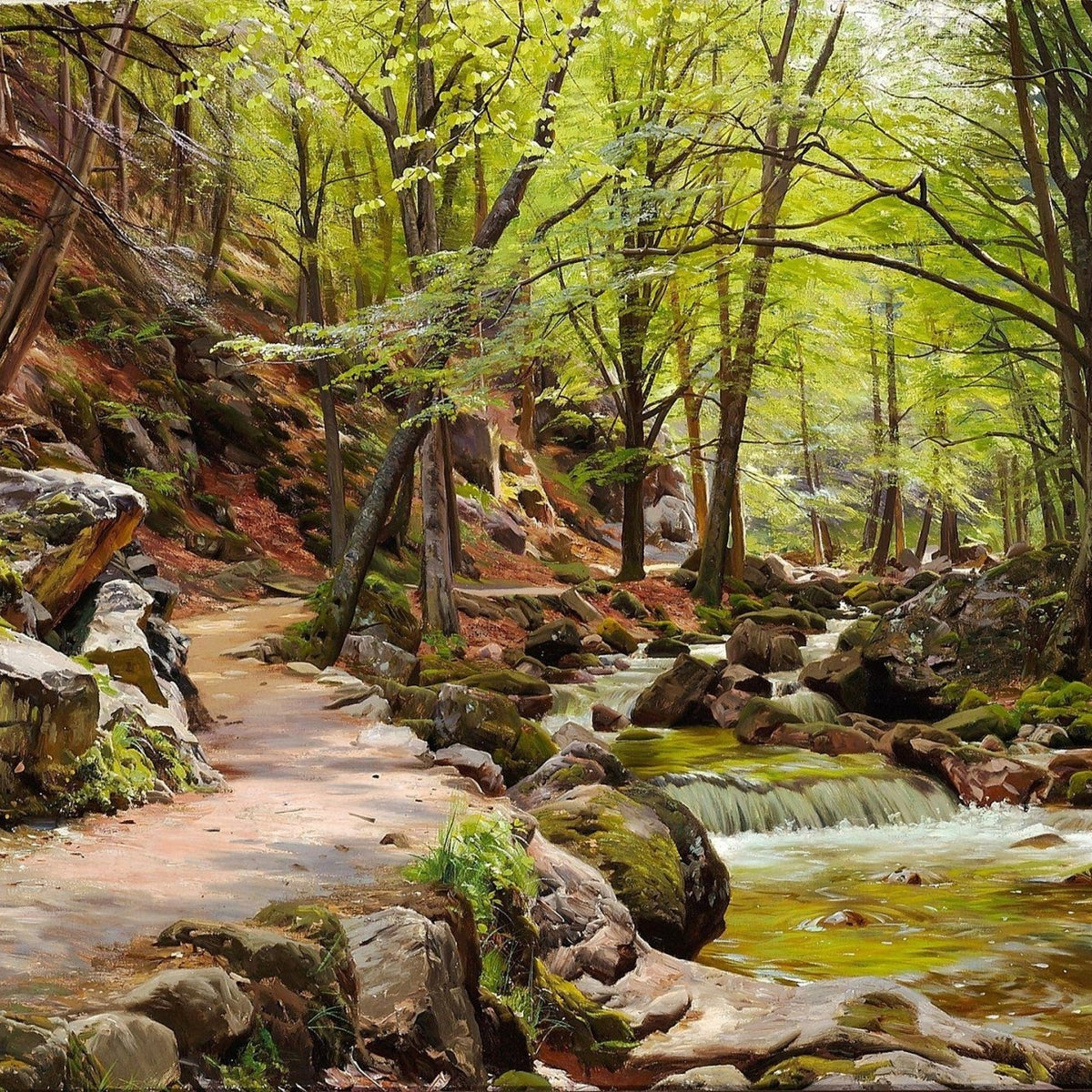 Hand-painted sunlit forest stream and woodland path landscape oil painting on canvas