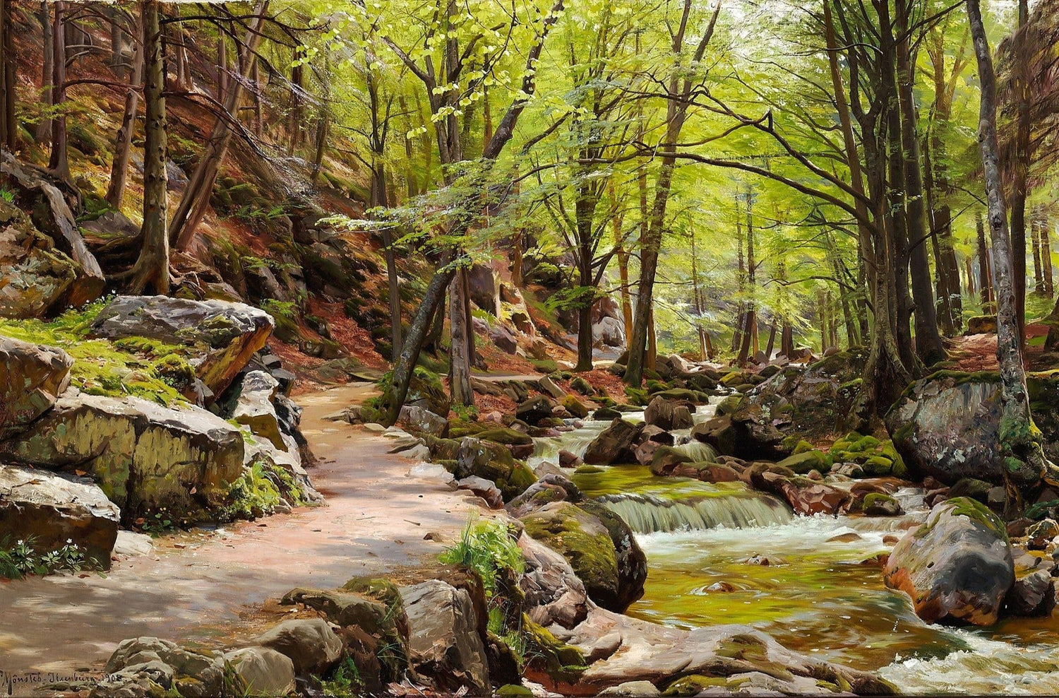 Hand-painted sunlit forest stream and woodland path landscape oil painting on canvas