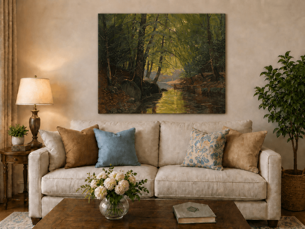 Peinture à l'huile de paysage - Ruisseau forestier ensoleillé et reflets lumineux