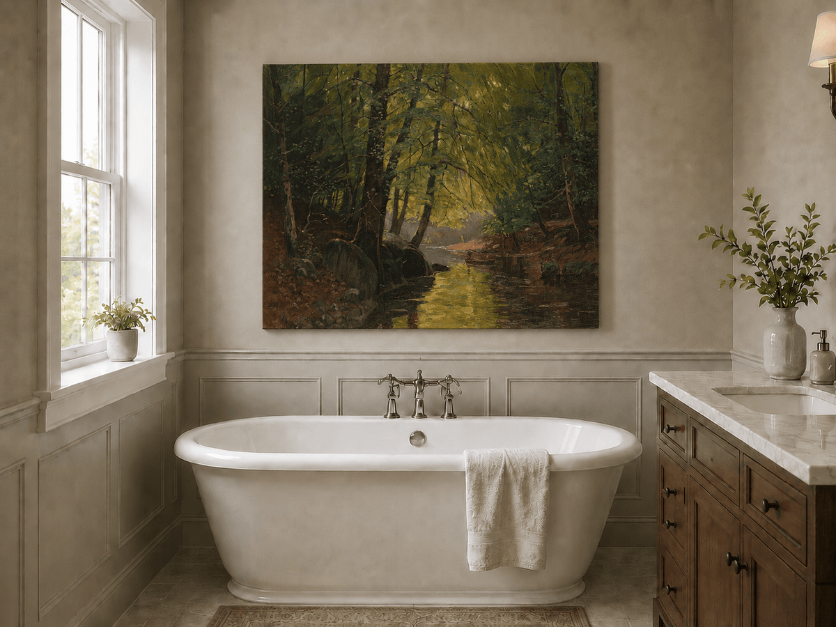 Peinture à l'huile de paysage - Ruisseau forestier ensoleillé et reflets lumineux