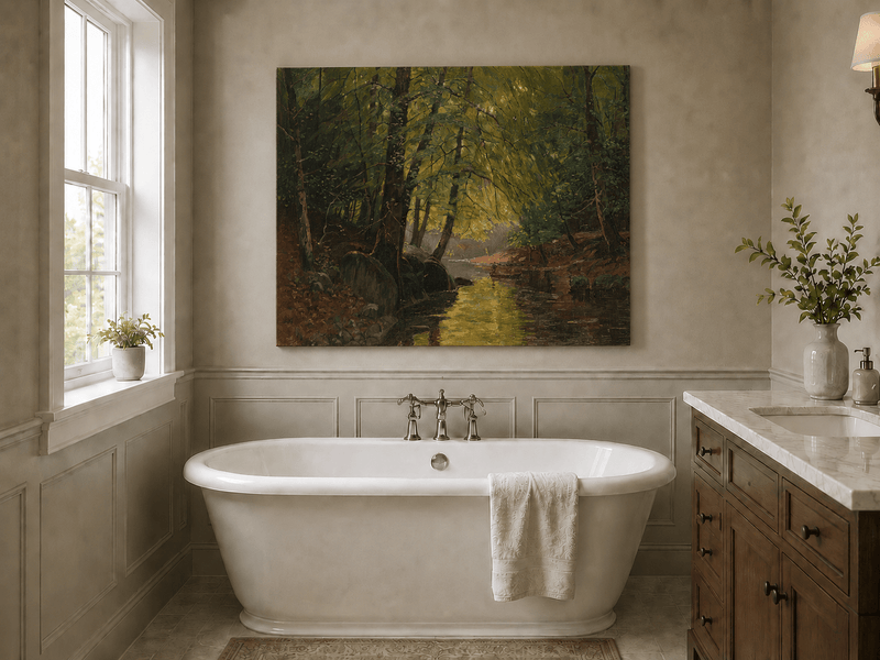 Peinture à l'huile de paysage - Ruisseau forestier ensoleillé et reflets lumineux