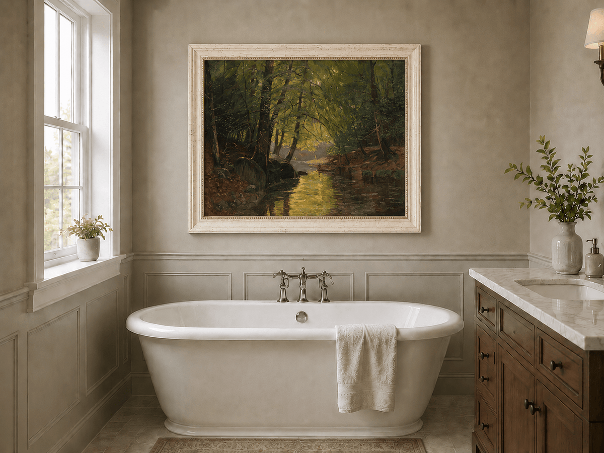 Peinture à l'huile de paysage - Ruisseau forestier ensoleillé et reflets lumineux