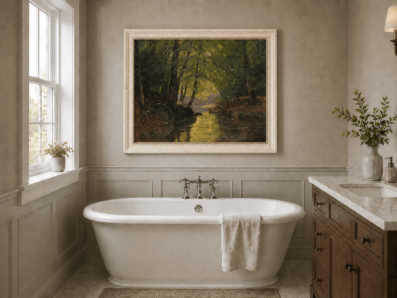 Peinture à l'huile de paysage - Ruisseau forestier ensoleillé et reflets lumineux