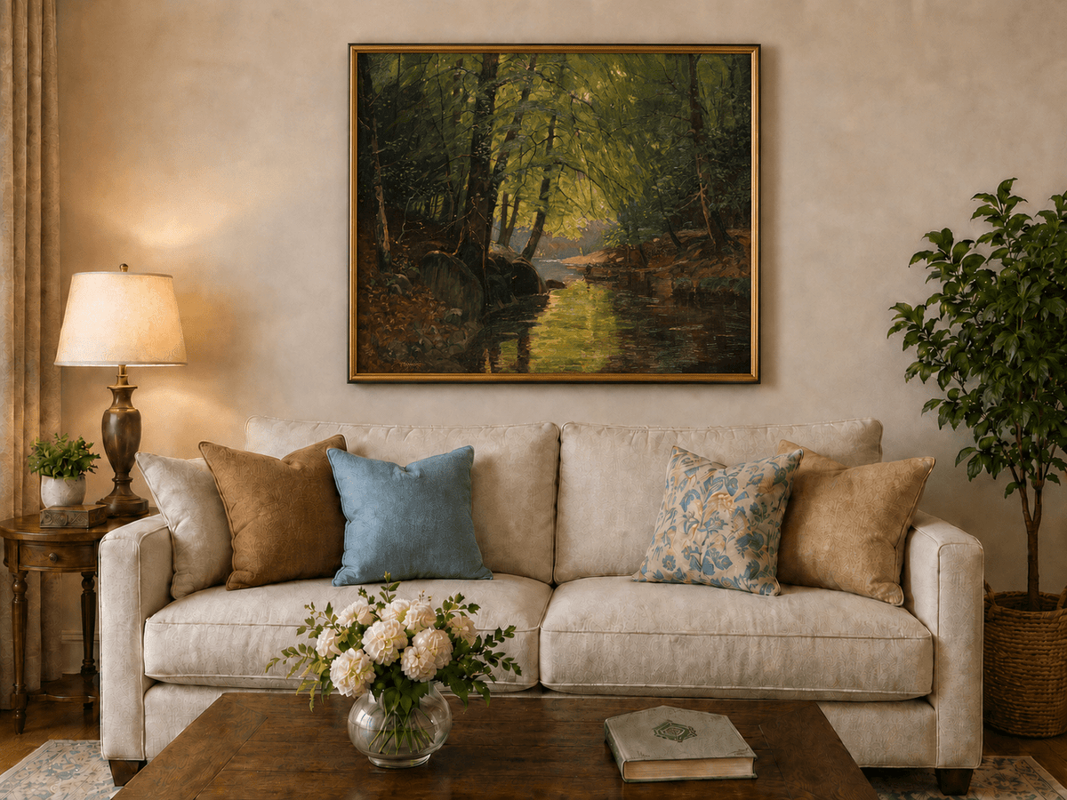 Peinture à l'huile de paysage - Ruisseau forestier ensoleillé et reflets lumineux