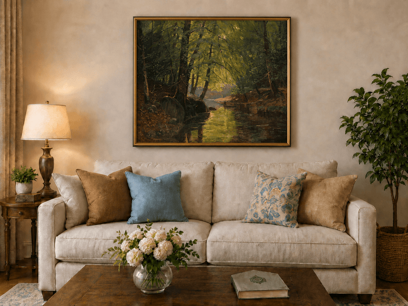 Peinture à l'huile de paysage - Ruisseau forestier ensoleillé et reflets lumineux