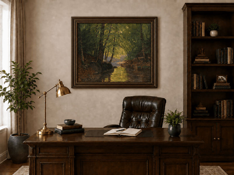 Peinture à l'huile de paysage - Ruisseau forestier ensoleillé et reflets lumineux