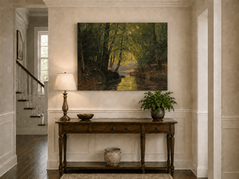 Peinture à l'huile de paysage - Ruisseau forestier ensoleillé et reflets lumineux