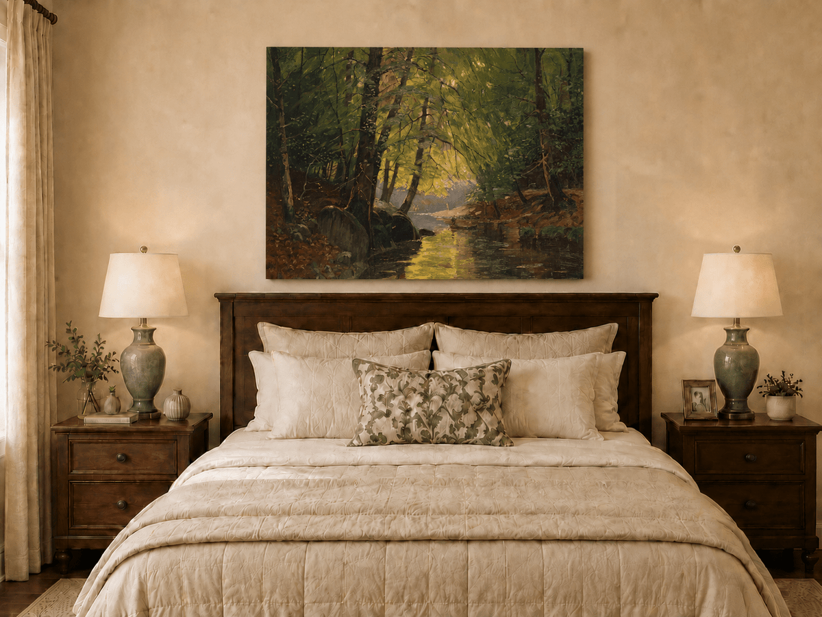 Peinture à l'huile de paysage - Ruisseau forestier ensoleillé et reflets lumineux